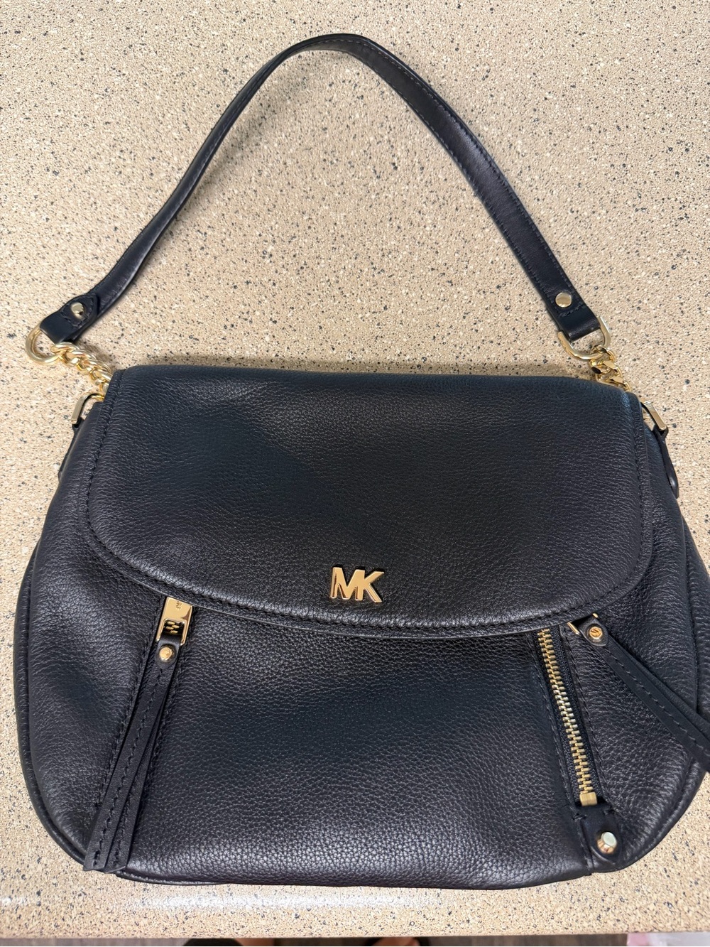 Michael Kors Black Pebbled Leather Shoulder Bag with Gold MK Logo
